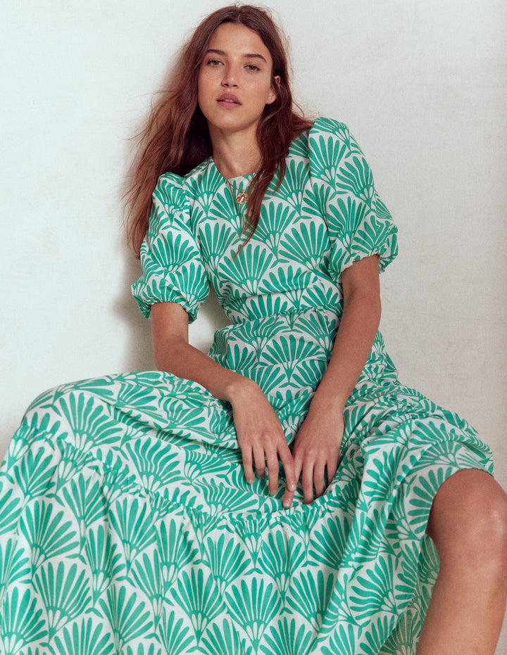 Gestuftes Popeline-Maxikleid-Aquamarinblau, Deko-Palme