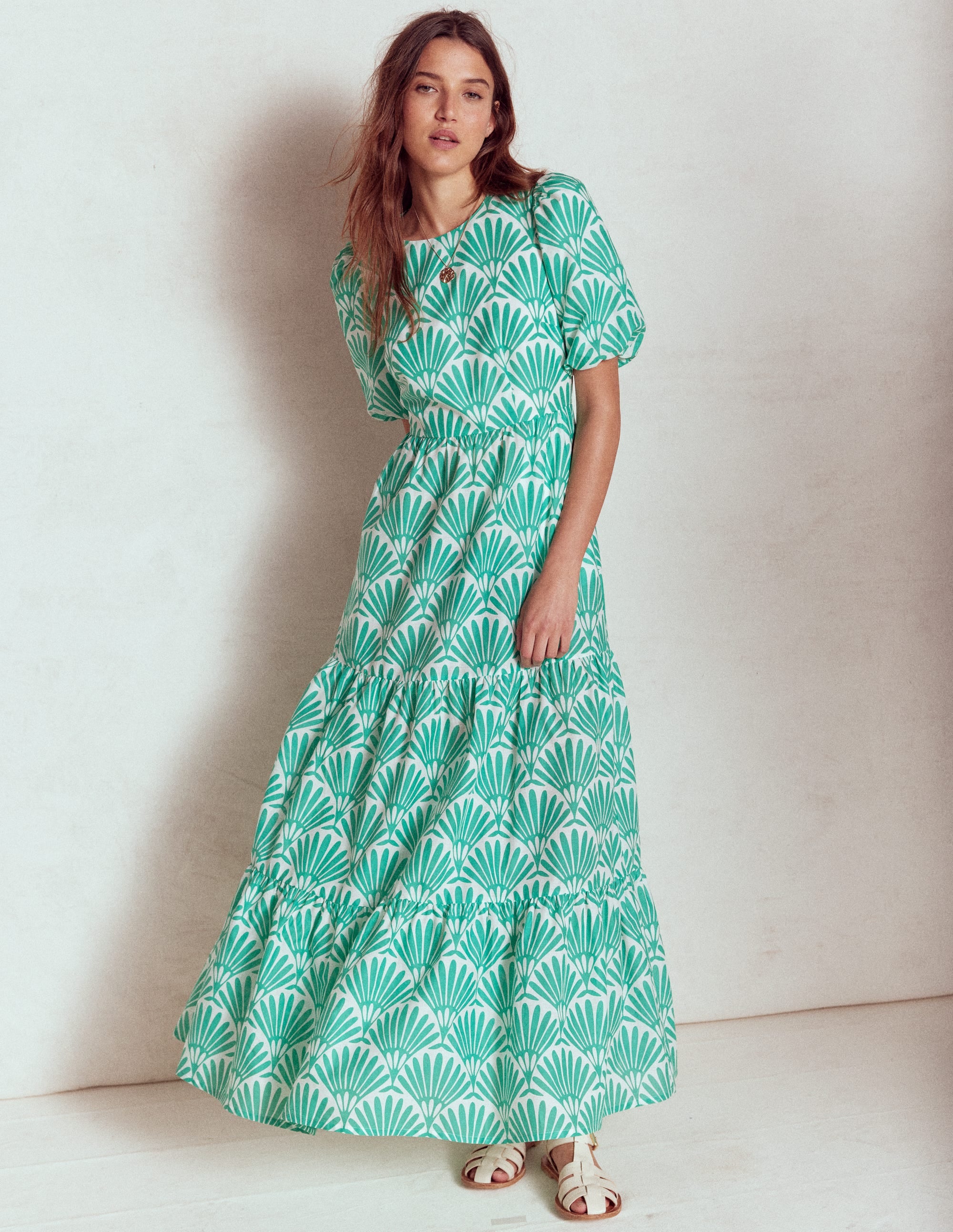 Gestuftes Popeline-Maxikleid-Aquamarinblau, Deko-Palme - Image 4