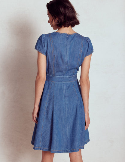 Imo Kurzes Godet-Kleid aus Denim-Mittlere Mischung Denim-4