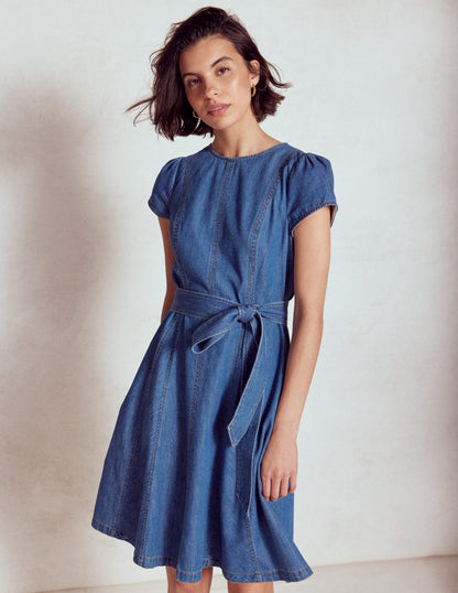 Imo Kurzes Godet-Kleid aus Denim-Mittlere Mischung Denim-1