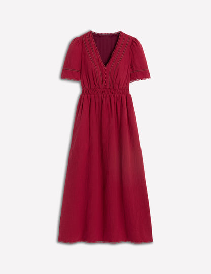 Doppeltuch-Kleid mit Besatz-Granatrot