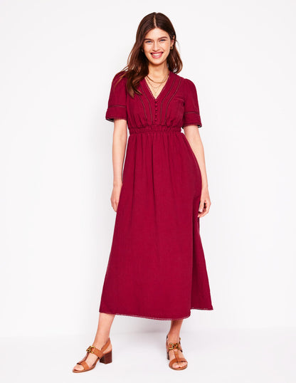 Doppeltuch-Kleid mit Besatz-Granatrot