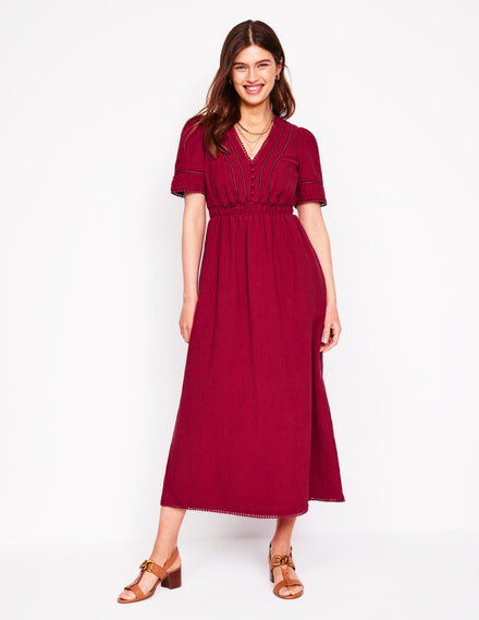 Doppeltuch-Kleid mit Besatz-Granatrot