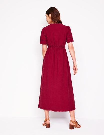 Doppeltuch-Kleid mit Besatz-Granatrot