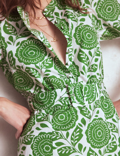 Kate Kleid mit Puffärmeln und Gürtel-Paradiesgrün, Dahlienstempel-4