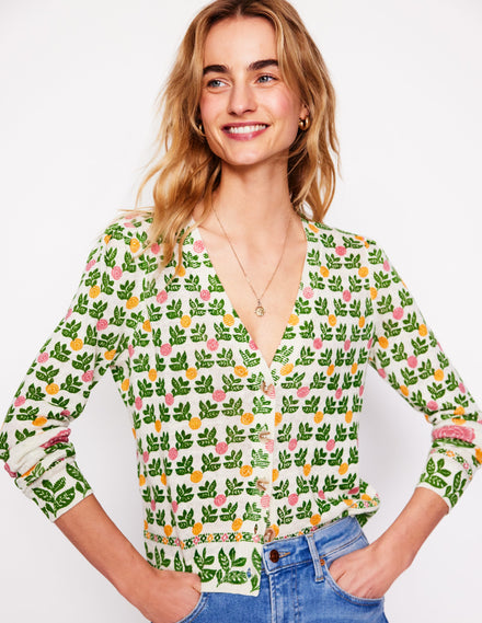 Liv Strickjacke aus Leinen mit V-Ausschnitt-Warmes Naturweiß, Dahliengarten