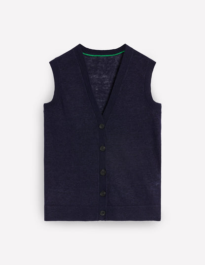 Gilet de costume col V en lin-Bleu Marine, Petits Pois