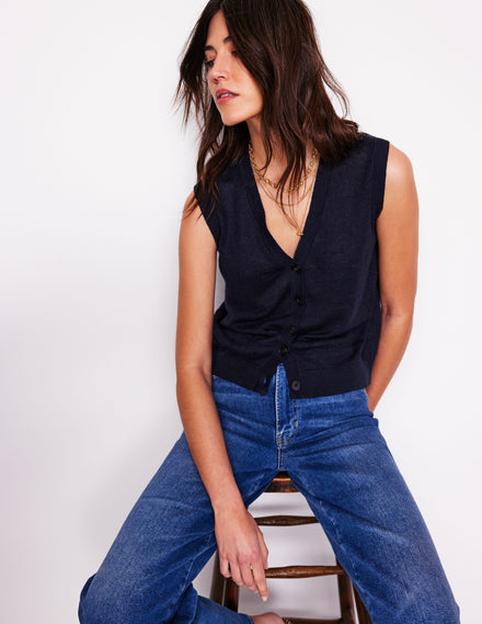 Gilet de costume col V en lin-Bleu Marine, Petits Pois