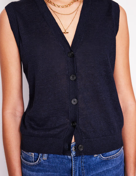 Gilet de costume col V en lin-Bleu Marine, Petits Pois