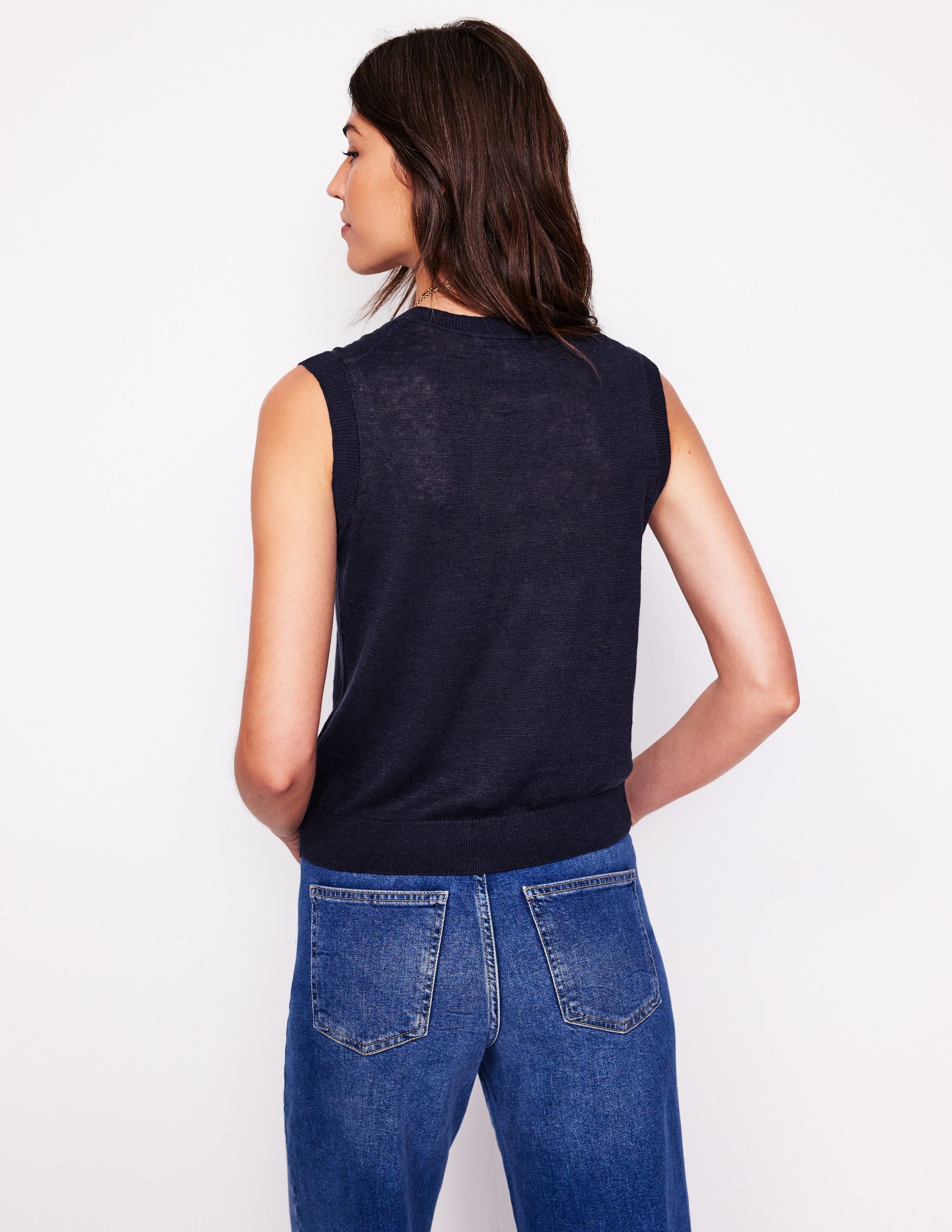 Gilet de costume col V en lin-Bleu Marine, Petits Pois - Image 3