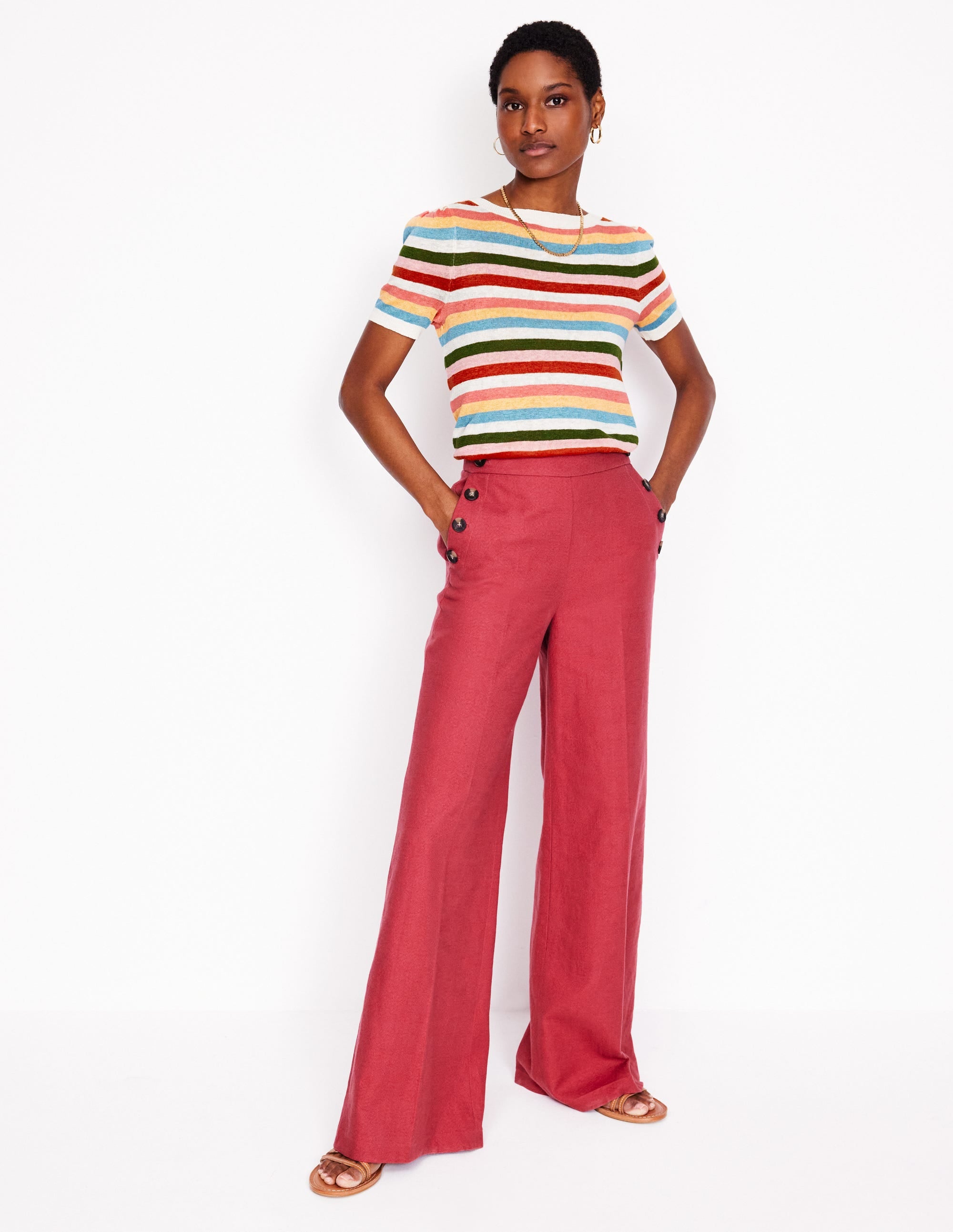 T-shirt col bateau Liv en lin-Petites rayures tendres multi - Image 1