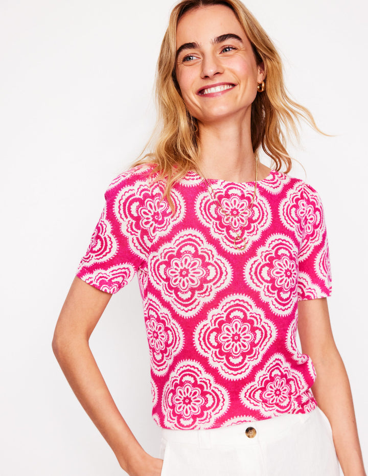 T-shirt col bateau Liv en lin-Rose pivoine, motif Botanic Blush