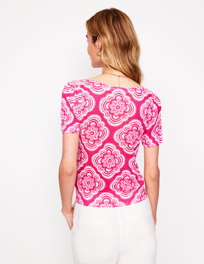 Liv T-Shirt aus Leinen mit U-Boot-Ausschnitt-Rosa Pfingstrose, Botanic Blush-Motiv