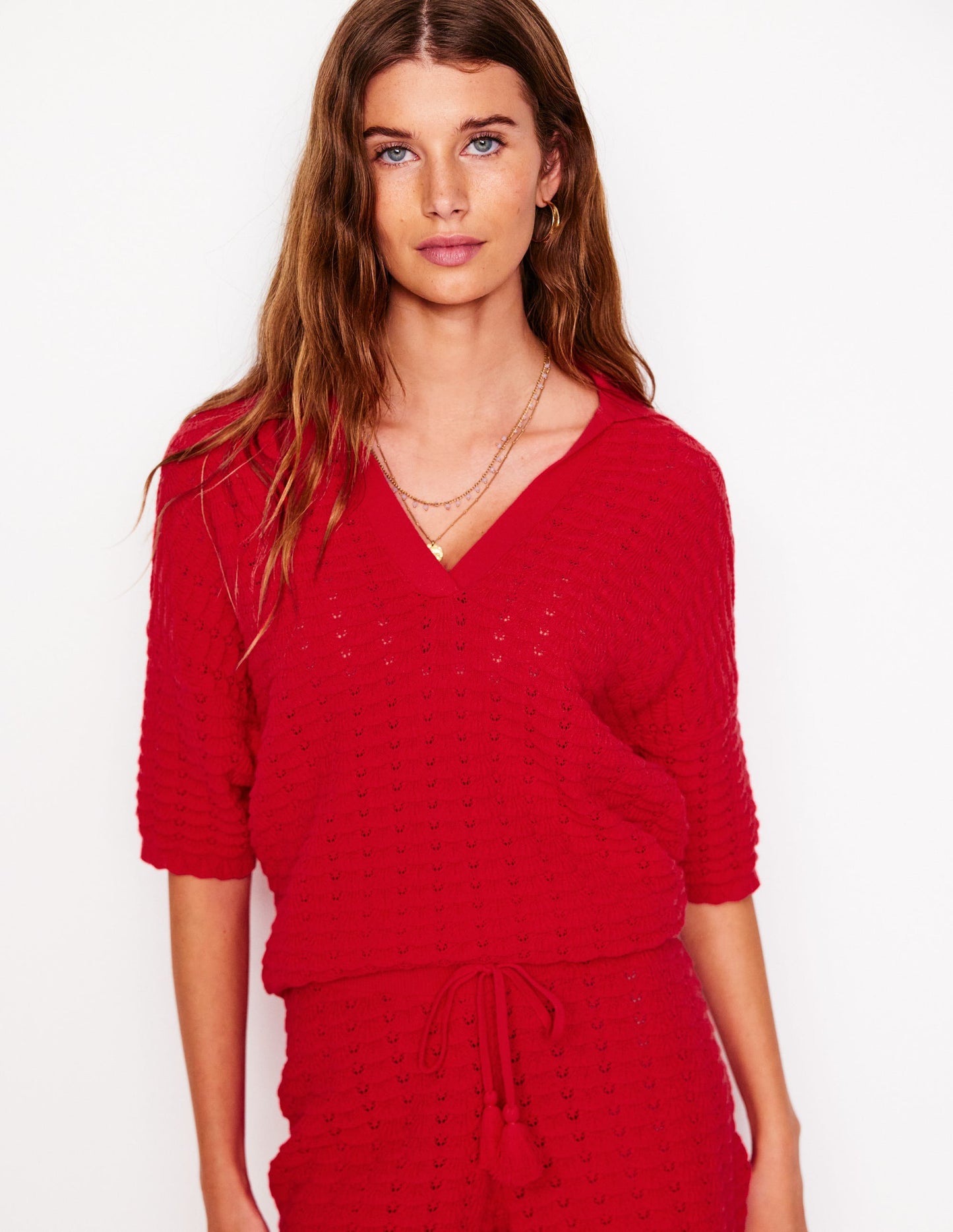 Henley-Pullover mit Kragen-Erbeerkuchenrot