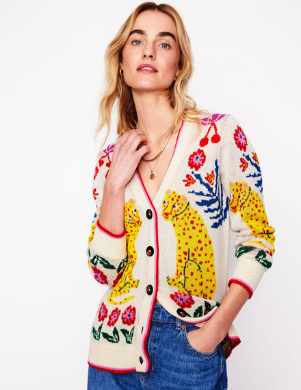 Jacquard-Strickjacke im Boyfriend-Stil-Warmes Naturweiß, Leopard