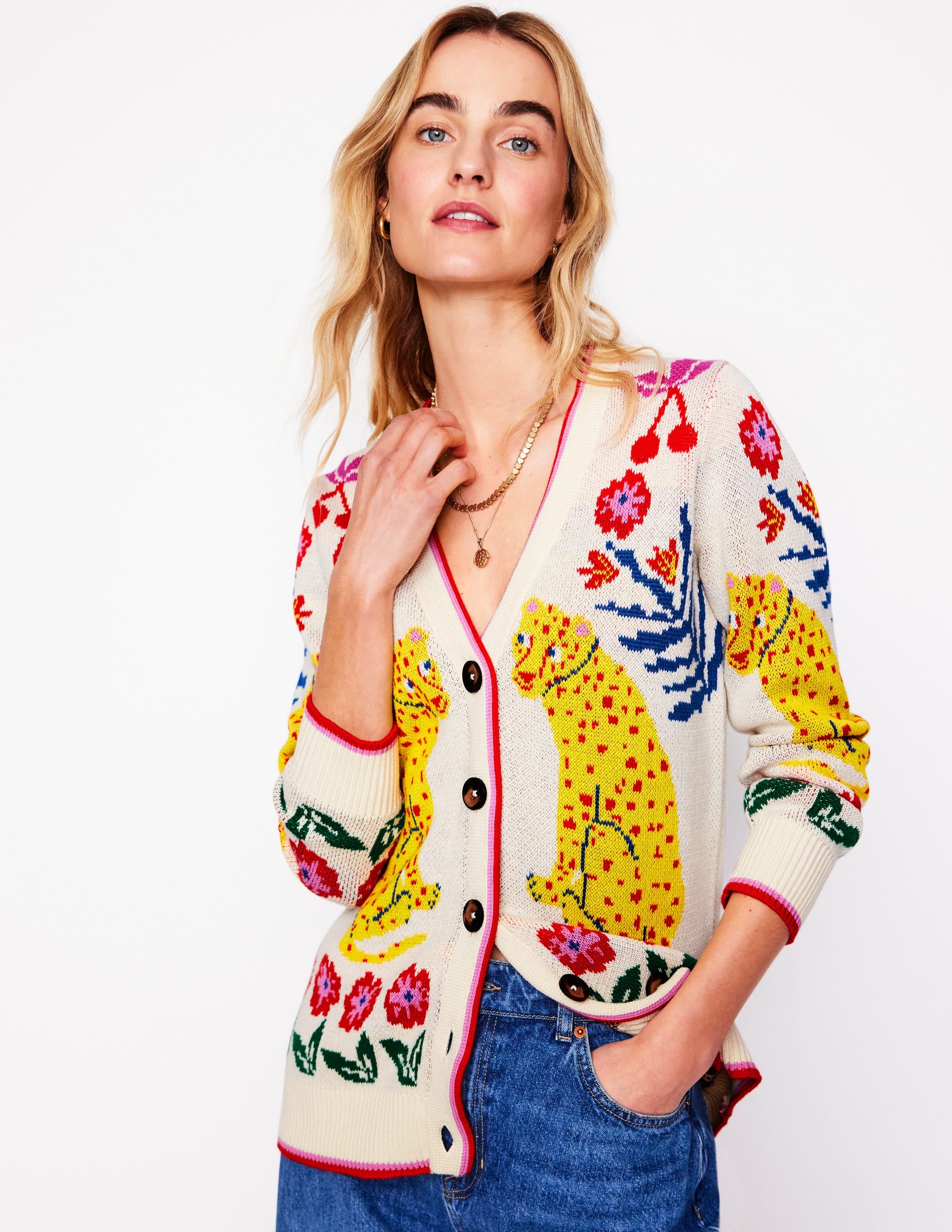 Jacquard-Strickjacke im Boyfriend-Stil-Warmes Naturweiß, Leopard - Image 1