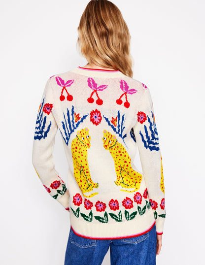 Jacquard-Strickjacke im Boyfriend-Stil-Warmes Naturweiß, Leopard