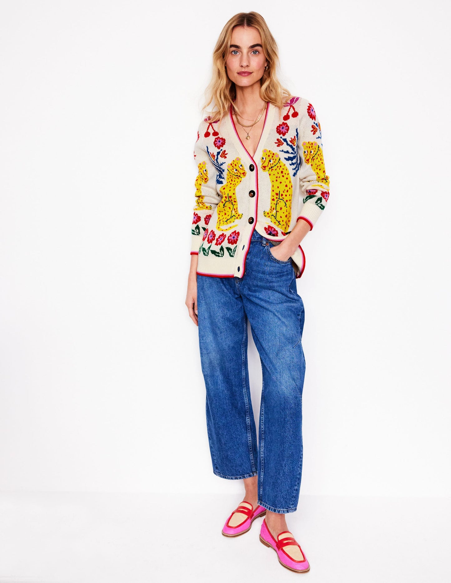 Jacquard-Strickjacke im Boyfriend-Stil-Warmes Naturweiß, Leopard