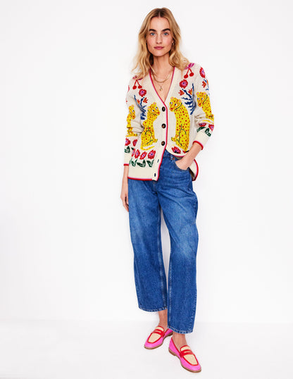 Jacquard-Strickjacke im Boyfriend-Stil-Warmes Naturweiß, Leopard