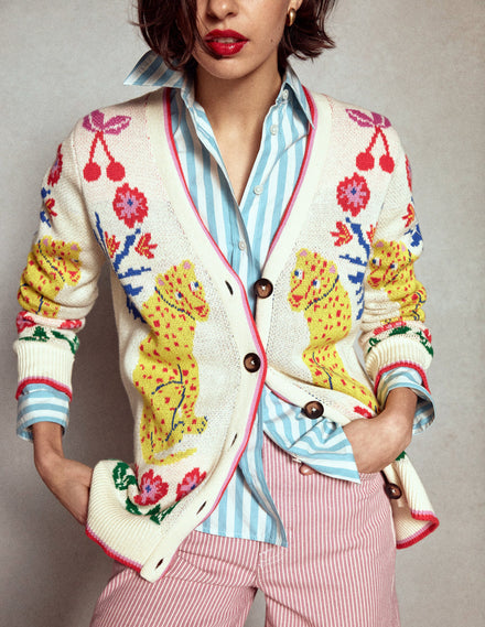 Jacquard-Strickjacke im Boyfriend-Stil-Warmes Naturweiß, Leopard