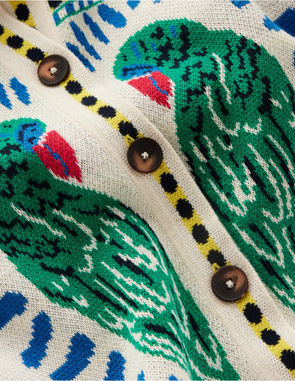 Veste-chemise en maille jacquard-Ivoire chaud, motif Tropical Bonanza