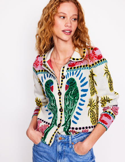 Gestrickte Jacquard-Hemdjacke-Warmes Naturweiß, Tropical Bonanza-Motiv