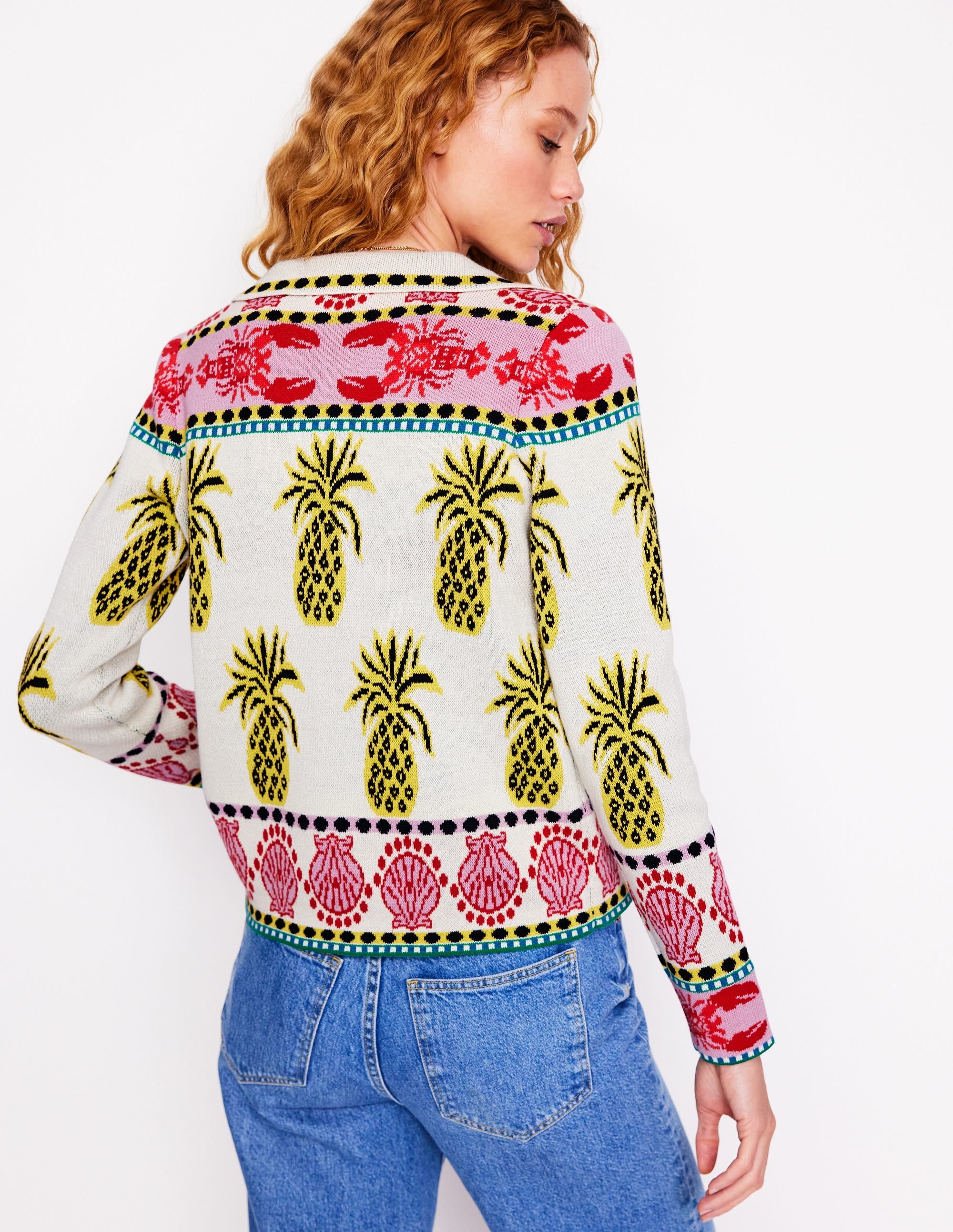 Gestrickte Jacquard-Hemdjacke-Warmes Naturweiß, Tropical Bonanza-Motiv - Image 3