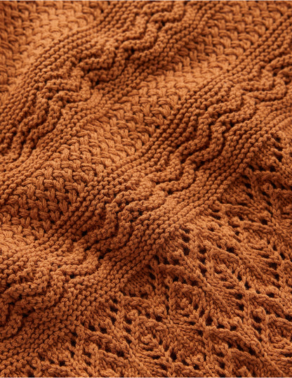 Baumwollstrickpullover mit Ziernaht und Rundhalsausschnitt-Kupferbraun
