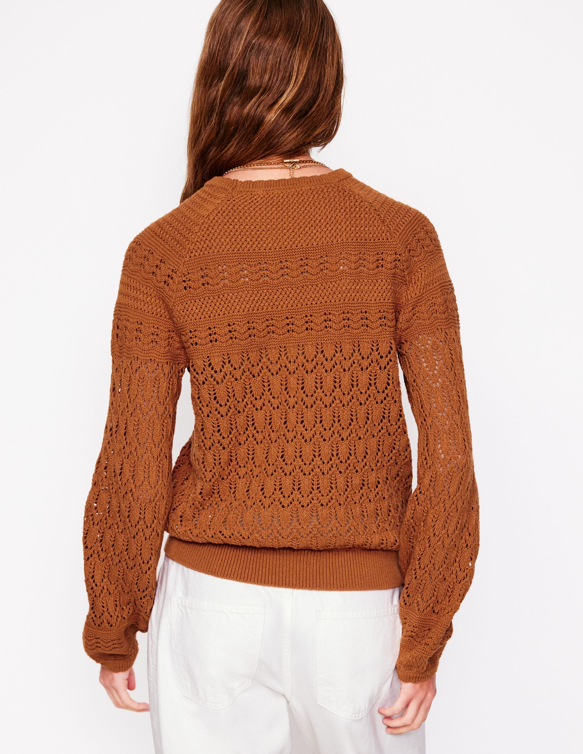 Pull col rond en coton surpiqué-Marron cuivré - Image 3