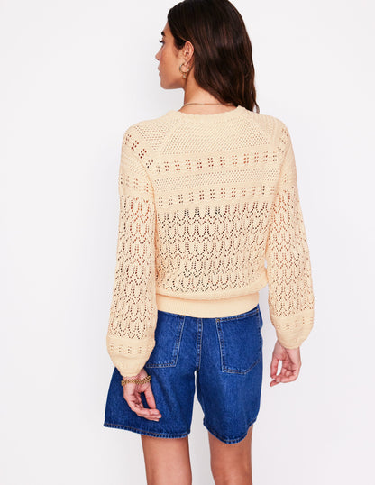 Baumwollstrickpullover mit Ziernaht und Rundhalsausschnitt-Black