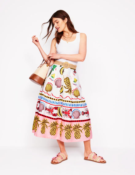 Verity Leinen-Midirock-Bunt, Tropical Bonanza-Motiv