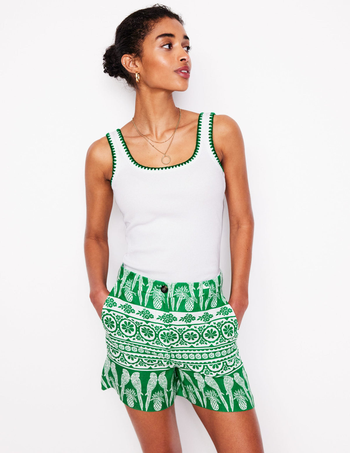 Westbourne Linen Shorts-Rich Emerald, Ornate Tropics - Image 1