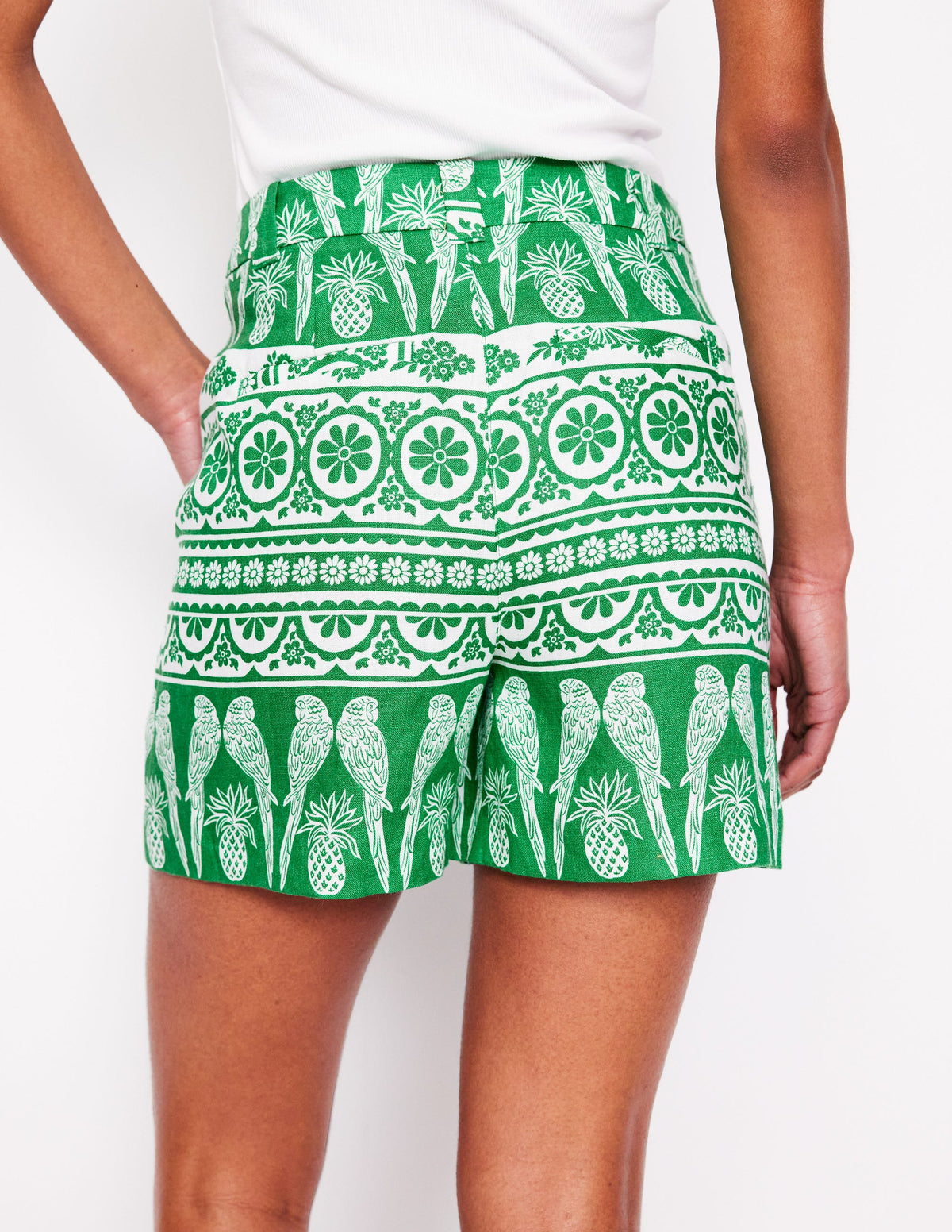 Westbourne Linen Shorts-Rich Emerald, Ornate Tropics - Image 4