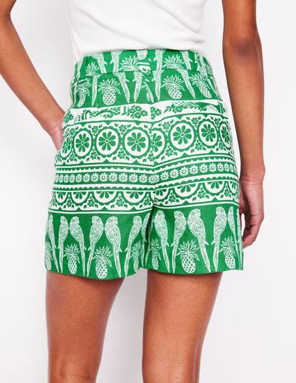 Westbourne Kurze Hose aus Leinen-Smaragdgrün, Tropenornament