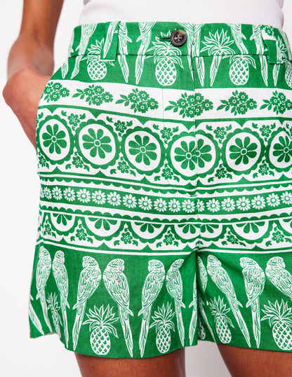 Westbourne Kurze Hose aus Leinen-Smaragdgrün, Tropenornament