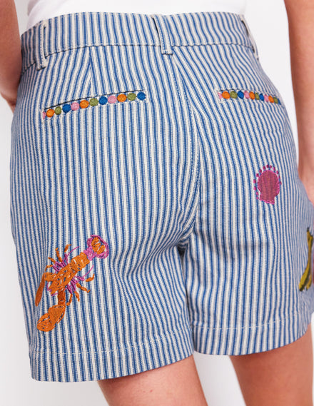 Pocket Front Denim Shorts-Ticking Stripe Embroidery