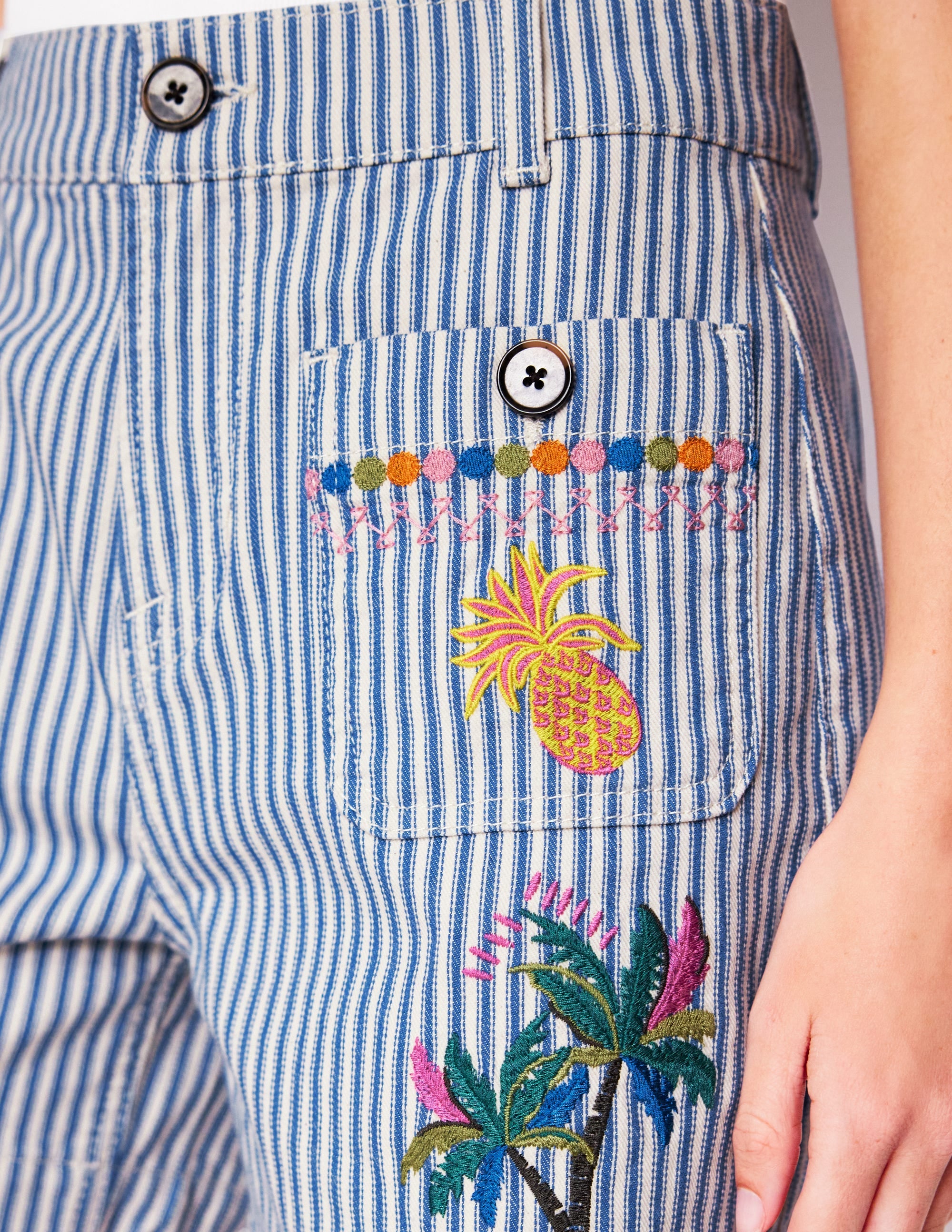 Pocket Front Denim Shorts-Ticking Stripe Embroidery - Image 3