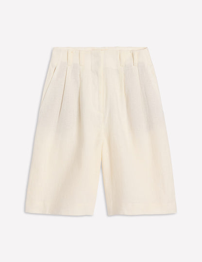 Short large plissé en lin-Ivoire et Bleu Marine à Pois
