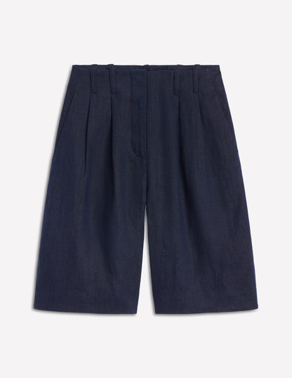 Short large plissé en lin-Bleu Marine