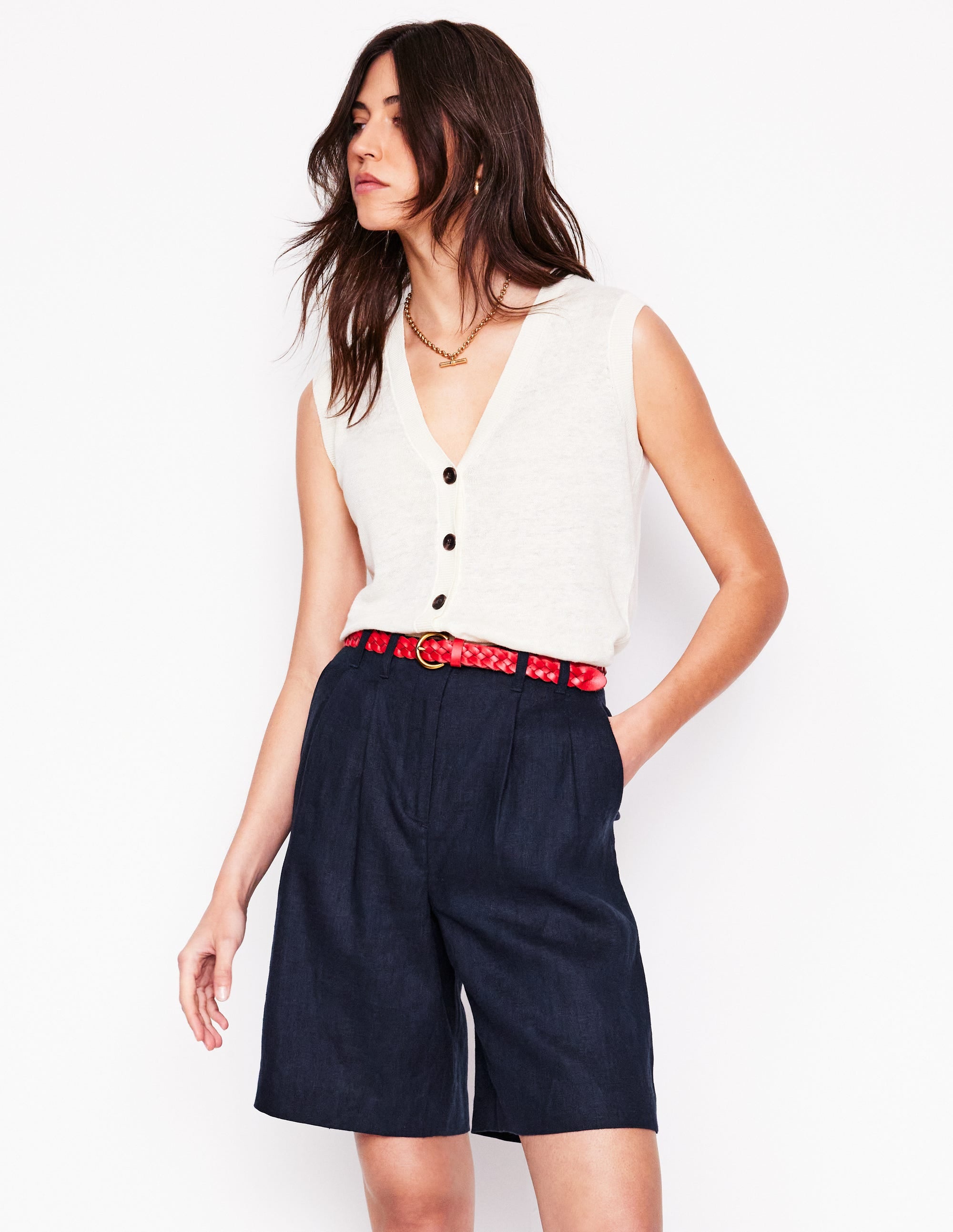 Leinen-Shorts mit weitem Bein und Faltendesign-Marineblaue - Image 1