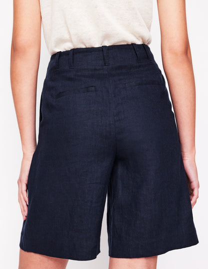 Short large plissé en lin-Bleu Marine