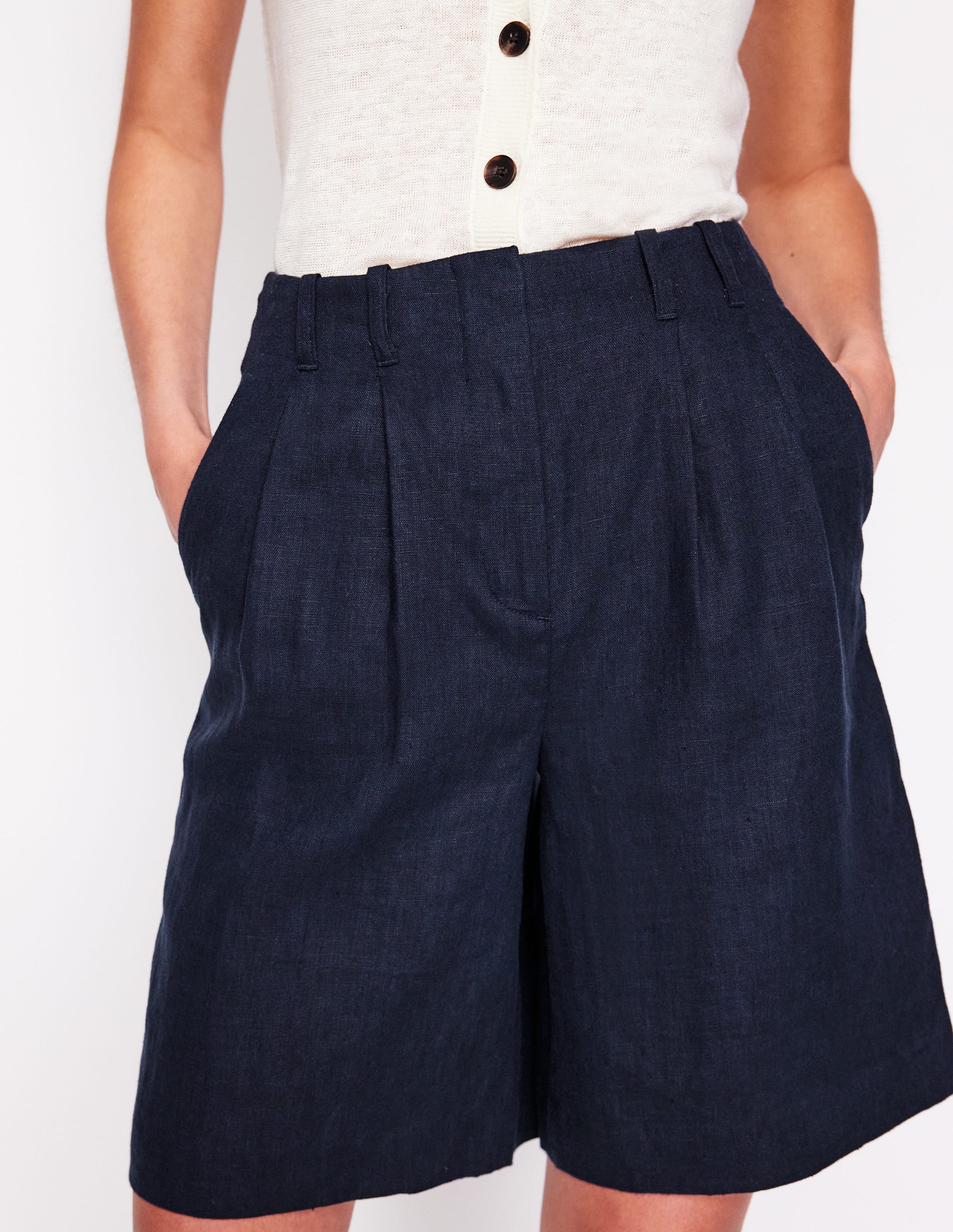 Leinen-Shorts mit weitem Bein und Faltendesign-Marineblaue - Image 4