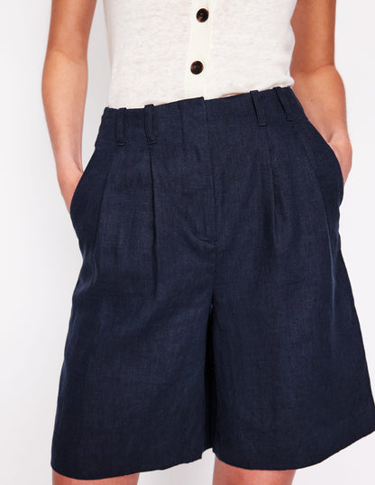 Short large plissé en lin-Bleu Marine