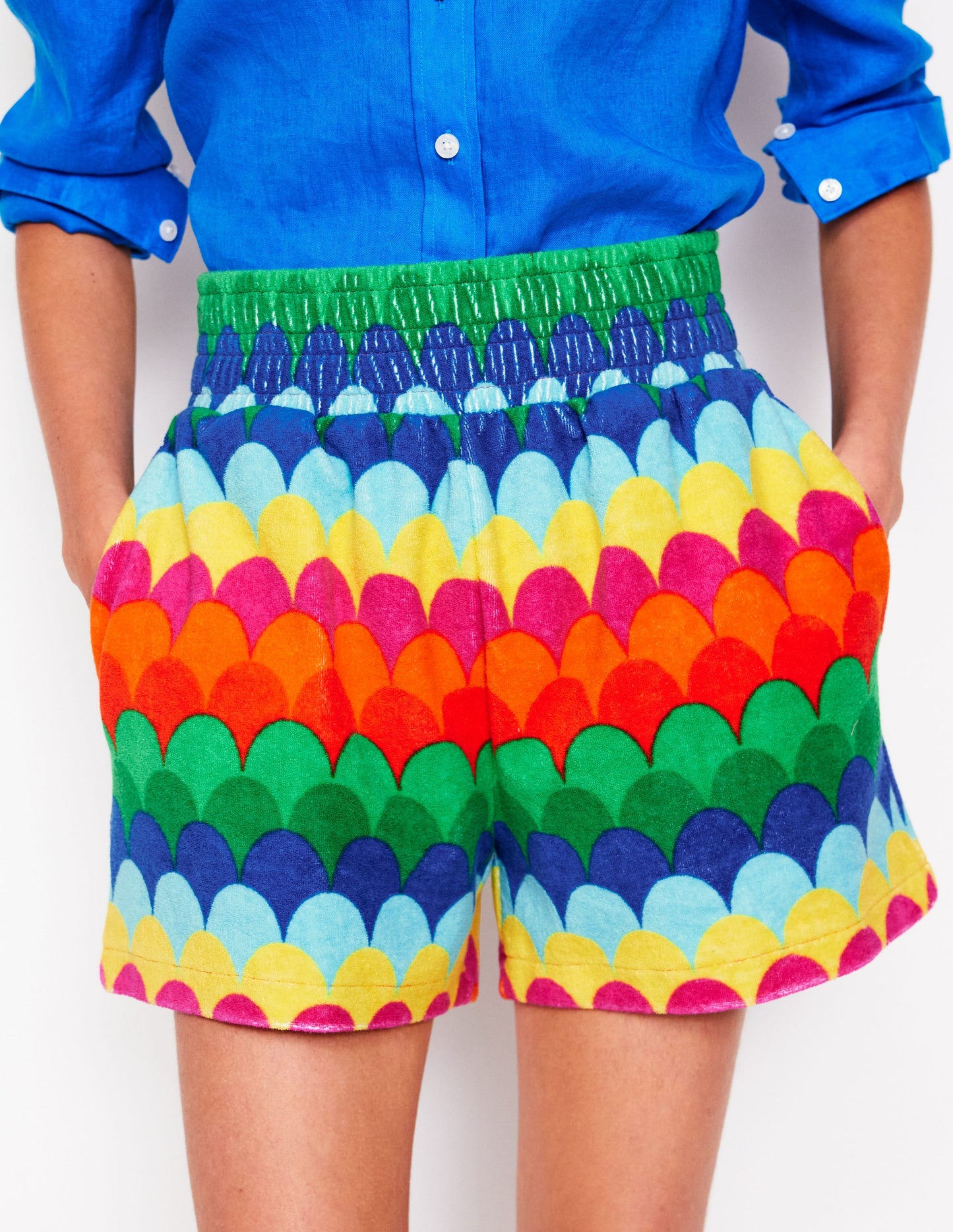 Short en éponge smocké-Multi, rayé festonné