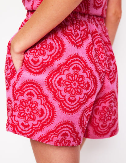 Gesmokte Frottee-Shorts-Rosa Rose, Botanic Blush-Motiv-2