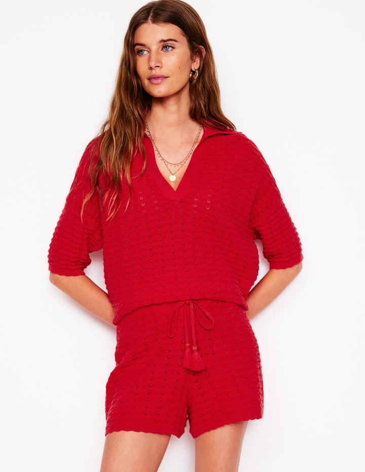 Texturierte Strick-Shorts-Erbeerkuchenrot