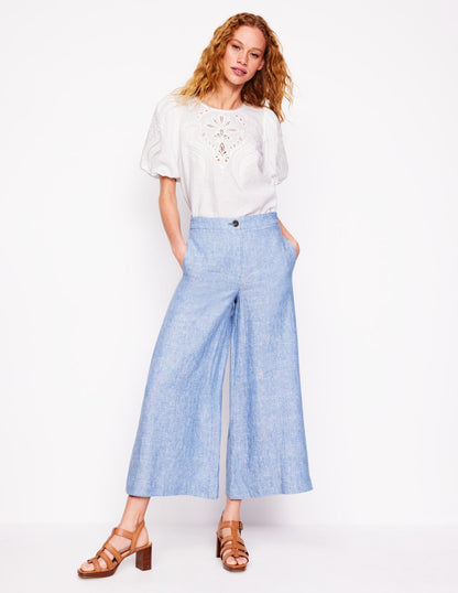 Weite Leinenhose mit verkürztem Schnitt-Graublau Chambray