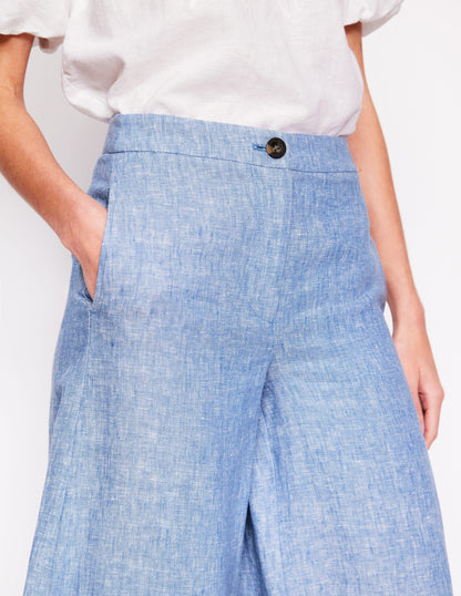 Weite Leinenhose mit verkürztem Schnitt-Graublau Chambray