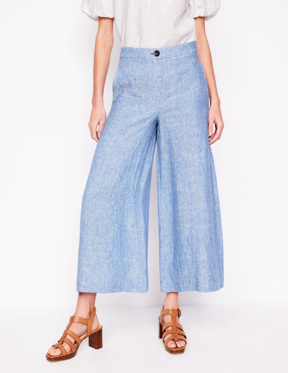 Weite Leinenhose mit verkürztem Schnitt-Graublau Chambray