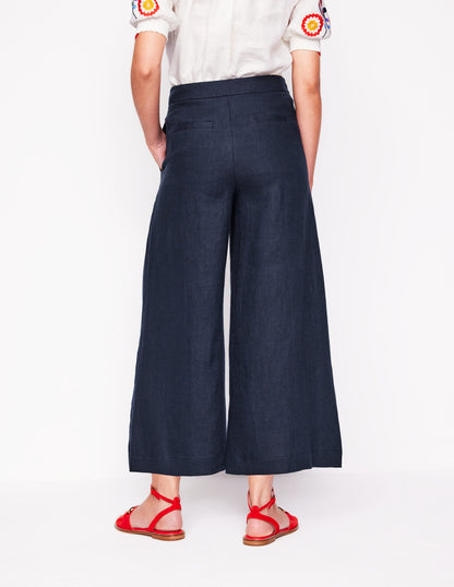 Weite Leinenhose mit verkürztem Schnitt-Marineblaue
